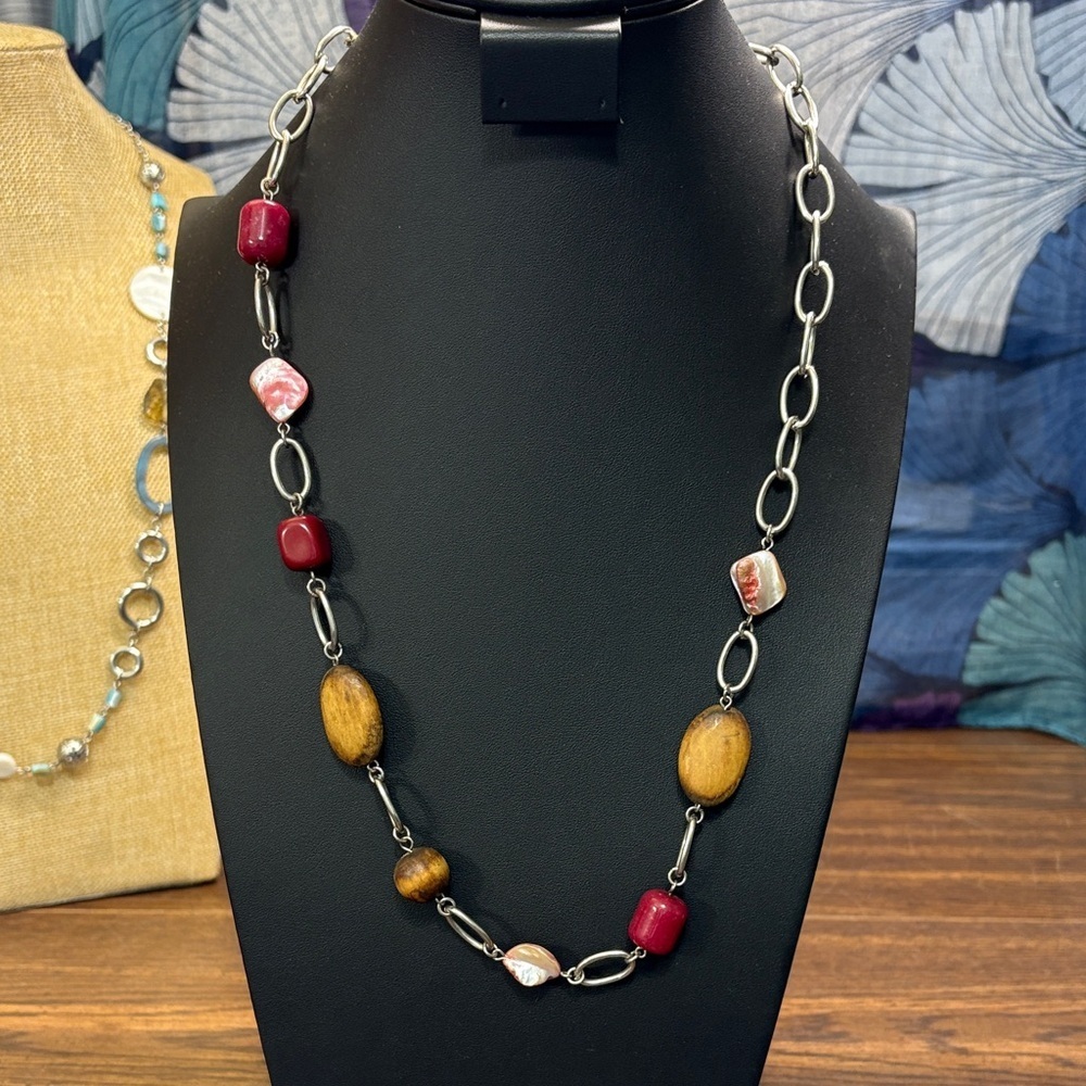 Elegant Silver Tone and Red Beaded Necklace with Wooden Details